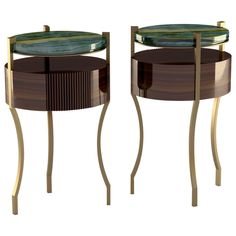 two side tables with glass tops and metal legs, one has a marble top on the other