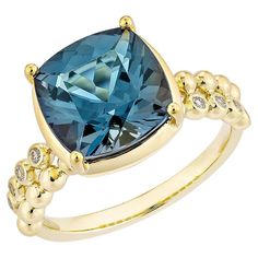 Introducing a new ring style that represents luxury, fashion, and personal flair. The collection includes antique rings adorned with beautiful gemstone London blue topaz. One standout piece is a London blue topaz ring surrounded by dazzling diamonds. This ring, crafted in 18karat yellow gold, showcases an elegant and timeless design.. London Blue Topaz Fancy Ring in 18Karat Yellow Gold with White Diamond. London Blue Topaz: 4.75 carat, 10X10mm size, cushion shape. White Diamond: 0.09 carat, 1.30 Luxury Antique Blue Topaz Ring, Luxury Antique Topaz Ring, Fancy Rings, London Blue Topaz Ring, Ring Style, London Blue Topaz, Blue Topaz Ring, London Blue, Topaz Ring