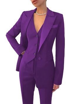 PRICES MAY VARY. Material:This Women suits is made of high quality material,75% Polyester and 25% Viscose.the fabric is Comfortable, breathable, softer, smoother. Regular fit cutting design, elegant chic style.The 3 Pcs Women tuxedo suits are really unique and elegant for you to stand out in party wedding or graduation.also this is best gifts for your mother,wife,daughter or girlfriends. Women Blazer Suit Set Details:a coat/blazer and a pants and 1 Vest.Slimming fit for the women.also we can cus Pantsuit Wedding, Purple Suit, Business Jacket, Fly Outfit, Woman Suit Fashion, Pantsuits For Women, Blazer Set, Blazer Vest, 3 Piece Suits