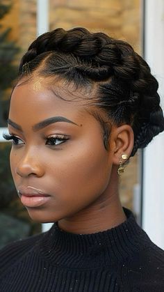 Feel like a true fairy-tale princess with this ethereal braided crown. The delicate braids create a soft and romantic look that's surprisingly easy to achieve with just a bit of practice.  📌Save this pin for later Braid Updo Black Women, Cornrows For Wedding, Quick Low Maintenance Hairstyles, Braided Updo Styles For Black Women, Braid Hairstyle For Natural Hair, Halo Braids For Black Women Natural Hair, Bridesmaid Hairstyles African American, African American Cornrow Hairstyles, Halo Hair Styles For Black Women