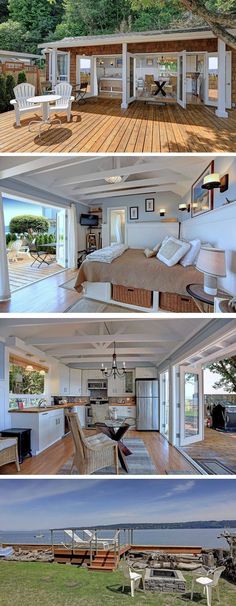 the inside and outside of a house with wooden floors, windows, and furniture in it