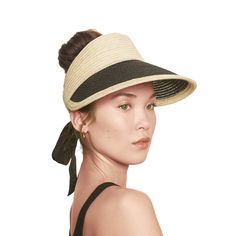 Natural vented hemp visor with black vented hemp bill and black grosgrain bow. From the Eugenia Kim Core Collection. 2.75"x 4.50" SKU: 21280-180CS Kim Core, Power Dressing, Eugenia Kim, Luxury Accessories, Sun Hats, Unique Pieces, Cool Style, Accessories Hats, Bags Designer