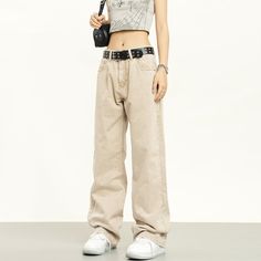 5ft 5''(166cm) tall, 97 lbs(44kg) weight and wearing a size M163cm/44kg wearing a size S - KHAKI TAN- Wide straight fit- Denim Beige Straight Leg Cargo Jeans For Streetwear, Beige Five-pocket Pants For Streetwear, Beige Streetwear Pants With Five Pockets, Beige Five Pocket Pants For Streetwear, Y2k Full Length Relaxed Fit Jeans, Y2k Style Relaxed Fit Full Length Jeans, Trendy Beige Baggy Jeans, Trendy Baggy Beige Jeans, Trendy Beige Jeans For Streetwear