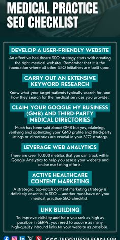 the medical practice seo checklist is shown in this graphic above it's image