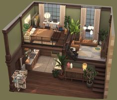 an artist's rendering of a living room and bedroom in a house with wood floors