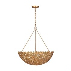 a chandelier hanging from a chain with leaves on the bottom and gold trim