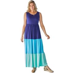 Looking for a nice pop of color? This dress is it!. Easy scoop neckline and sleeveless to keep you cool in warm weather. Maxi, A-line silhouette with multi-colored tiers. Plus Size Summer Dresses, Ballet Dress, Beach Maxi Dress, Plus Size Maxi, Woman Within, Maxi Dress Evening, Women Midi, Tiered Maxi Dress, Women Maxi