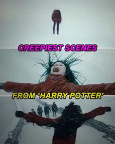 two images with the words creepy scenes from harry potter and an image of a woman in red