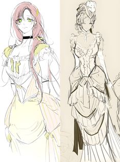 two sketches of women in dresses, one with long hair and the other with pink hair