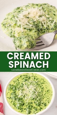 Creamed Spinach pin collage Steakhouse Sides, Love Bakes Good Cakes, Creamed Spinach Recipe, Creamy Pasta Bake, Delicious Side Dishes, Good Cakes, Thanksgiving Pie, Spinach Recipe, Side Dish Recipes Easy