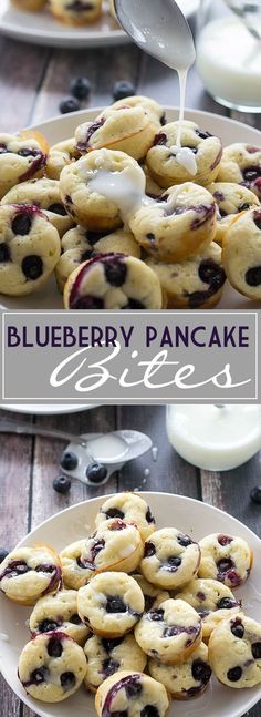 blueberry pancake bites on a plate with milk being drizzled over them