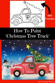 a red truck with a christmas tree in the back and an image of a snowman on