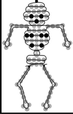 a drawing of a skeleton with dots on it's body and arms, in black and white