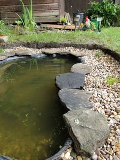 a small pond with rocks around it