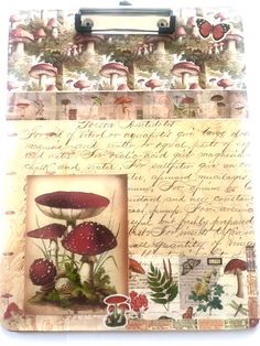 a collage with mushrooms and leaves on it's side, in front of a piece of paper