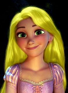 a cartoon girl with long blonde hair and green eyes wearing a pink dress, smiling at the camera