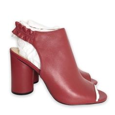 Katy Perry The Jocelyn Show Stopping Mulberry Red Nappa Leather Ruffled Peep Toe Shooties / Heels. Women's Size 10. Condition: New In Box, Box Has Wear. New To Poshmark? Sign Up Using Invite Code: Tentoday For $10 Off Your Purchase! A Round Heel Lends Contemporary Height To This Chic Leather Shootie. Open Toe Is Counter Finished With A Ruffled - Elastic Strap. Jocelyn Goes From Dressy To Casual With A Sleek Silhouette And Pretty Ruffle Detail Casual Career Professional Work Everyday Classic Offi Chic Open Toe Heels With Ruffles, Chic Formal Heels With Ruffles, Chic Ruffled Heels For Formal Occasions, Elegant Burgundy Heels For Spring, Chic Ankle Strap Heels With Ruffles, Formal Open Toe Heels With Ruffles, Burgundy Leather Heels For Spring, Chic Ruffled Heels For Spring, Spring Formal Heels With Ruffles