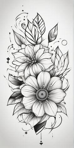 a black and white drawing of flowers with leaves on the bottom half of their petals