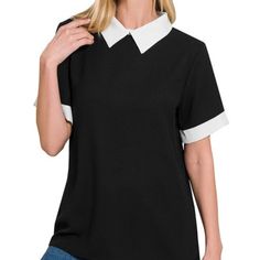 Woven Colorblock Contrast Collar Blouse Total Body Length: 26.5", Bust: 39" Approx. - Measured From Small * Color May Vary Slightly Due To Monitor Resolution