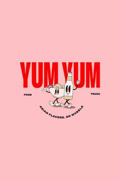 the words yum are written in red and white on a pink background with an image of a cat riding a skateboard