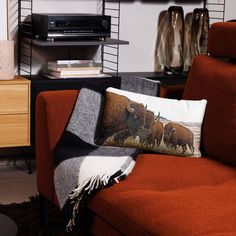 a couch with a pillow on it in front of a television and some other items