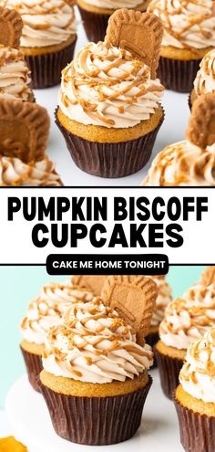 pumpkin biscoff cupcakes with frosting on top