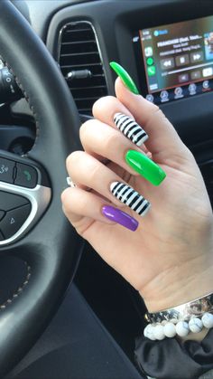 Halloween Nails Stripes, Bettle Juice Nail Designs, Green Halloween Nails Acrylic, Purple Green Halloween Nails, Beetle Juice Nails Acrylic, Bettle Juice Nail Art, Halloween Nail Designs Square, Green And Purple Halloween Nails, Purple And Green Nails Acrylic