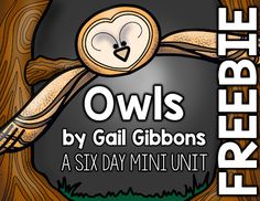 an owl is perched on top of a tree with the words owls by gail gibson