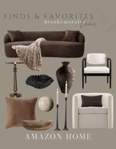 an assortment of furniture and home decor items in shades of brown, beige, and white