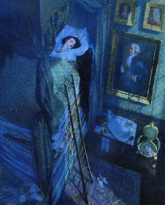 a painting of a woman in a blue dress standing next to a bed with a white blanket on it