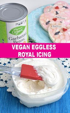 vegan eggless royal icing in a bowl and on a plate with a spoon