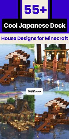 an image of some houses in the water with text that reads cool japanese dock house designs for minecraft