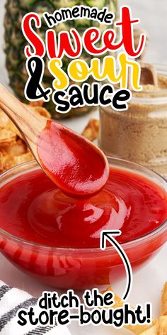 homemade sweet and saucy sauce is in a glass bowl with a wooden spoon