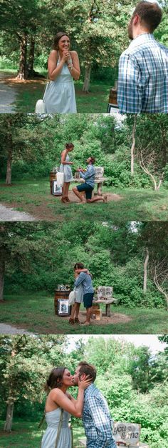 a man and woman kissing in the park with trees behind them, while another person is sitting on a bench