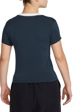 Close-fitting and slightly cropped, this T-shirt made with modal and cotton features a body-skimming fit and plenty of stretch to keep you moving comfortably. 20 1/2" length (size Medium) Crewneck Short sleeves 48% modal, 46% cotton, 6% spandex Machine wash, tumble dry Imported Nordstrom x Nike: A curated lifestyle destination where fashion is the ultimate sport Nike A, Embroidered Tshirt, Nike Sportswear, Navy White, Logo Embroidered, Navy And White, Short Sleeves, Nordstrom, Spandex