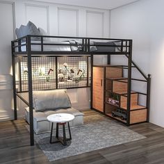 a loft bed with a couch underneath it