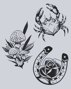 crab and horseshoe tattoo designs on grey background