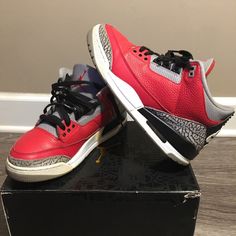 The Air Jordan 3 Retro Se 'Red Cement' Released For All-Star Weekend 2020 In Chicago. As A Result, The Shoe Features A Chicago Bulls-Style Colorway, With Fire Red On The Tumbled Leather Upper And A Classic Cement Print On The Toe And Heel. Underfoot, The White Midsole Houses Visible Air For Cushioning. No Box Included Red Jordan 3, Jordan 3s Fire Red, Air Jordan 3 Fire Red, Jordan 3 Red Cement, Red Mid-top Jordan Shoes With Cushioned Footbed, Cement Color, Jordan Red, Air Jordan 3 Retro, Air Jordan 3