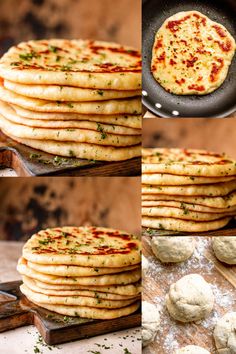 four pictures show the process of making pancakes with cheese and parmesan toppings