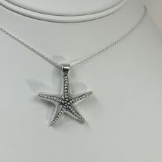 "925 Sterling Silver Necklace. Ocean Inspired Beach Necklace. 925 Sterling Silver Starfish Necklace. Sterling Silver Starfish Pendant. ---------------------------------------------------------------- Both Pendant & Chain are made of Solid 925 Sterling Silver, both are stamped with 925 for Authenticity. This Gorgeous Starfish Pendant works well on both a long chain and short, this is an incredibly eye-catching piece. The Starfish pendant is artfully crafted and gives an awesome look, any beac Silver Starfish Charm Pendant Jewelry, Silver Starfish Charm Necklace In Sterling Silver, Sterling Silver Starfish Necklace With Star Charm, Sterling Silver Starfish Charm Pendant Necklace, Sterling Silver Necklace With Starfish Charm, Silver Sterling Necklace With Starfish Charm, Sterling Silver Pendant Necklace With Starfish Charm, Silver Necklace With Sterling Silver Starfish Charm, Sterling Silver Ocean-inspired Jewelry With Star Charm