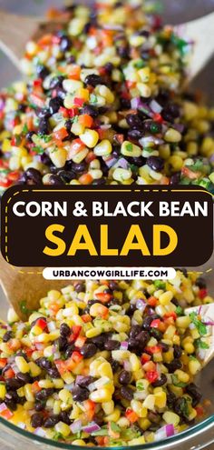 corn and black bean salad in a glass bowl with text overlay that reads corn and black bean salad