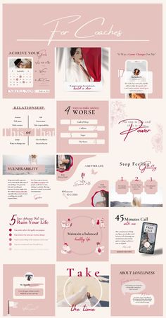 a pink and white website design with lots of information on the front, side and back