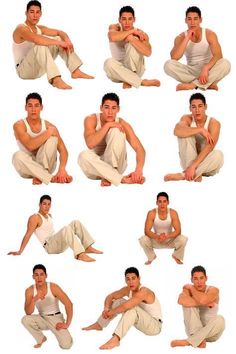 multiple poses of a man in white clothes