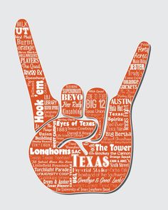 an orange hand with the word texas written in different languages, on a gray background