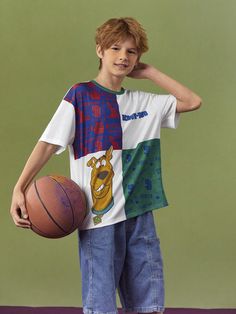 Tween Boy 1pc Cartoon Printed Color Block Plaid Design Sense Casual Short Sleeve T-Shirt , Summer White Casual  Short Sleeve Knitted Fabric Colorblock,Figure,Letter,All Over Print  Slight Stretch  Tween Boys Clothing, size features are:Bust: ,Length: ,Sleeve Length: Casual White Patchwork T-shirt, Casual Multicolor Cartoon Print Tops, Cute White Patchwork Top, Casual Multicolor Character Print Tops, White Relaxed Fit Patchwork T-shirt, White Patchwork Relaxed Fit T-shirt, Cute Crew Neck Tops With Patchwork, Cute Short Sleeve Patchwork Tops, Playful Cotton Patchwork Tops