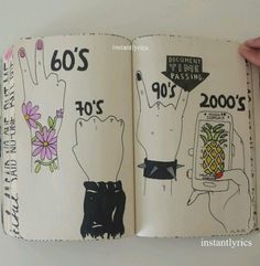 an open book with drawings on it and the words 60's written in different languages