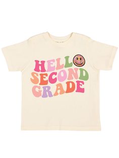 Hello Second Grade Smiles Kids Retro Shirt in Natural First Day Of School Fits, First Day Of School Pictures, New Memories, First Day Of School Outfit, Heat Transfer Design, Retro Kids, Custom Tee, School Pictures, Retro Tee