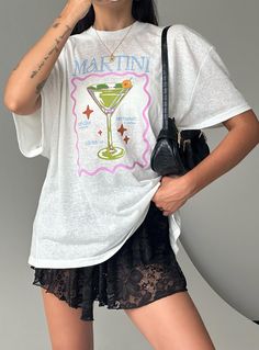 Tee Oversized fit Princess Polly Lower Impact 80% reclaimed cotton 20% reclaimed polyester Graphic print Drop shoulder Good stretch Unlined / slightly sheer Mini Tees, Women's Graphic Tees, White Top Women, Oversized Graphic Tee, Comfy Clothes, Fleece Dress, Sweatshirt Set, Loungewear Sets, Casual Tank Tops