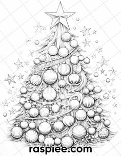 a drawing of a christmas tree with balls and stars