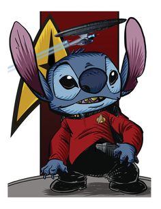 a cartoon character sitting on the ground in front of a star trek sign with spaceships flying above